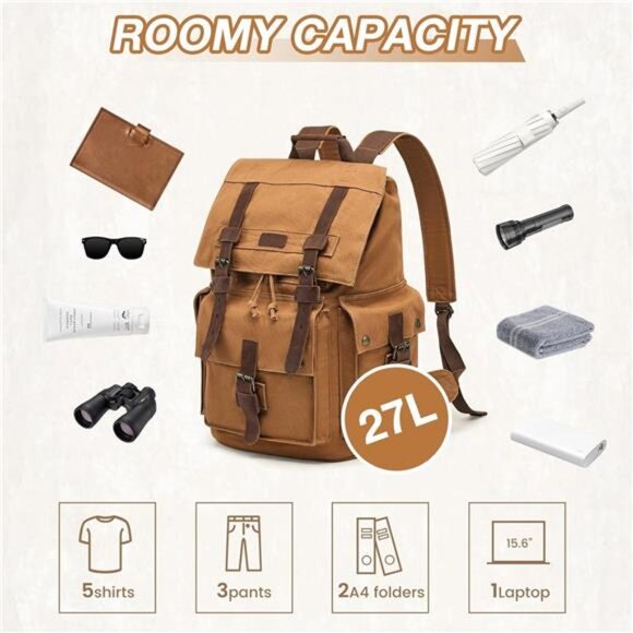 Men’s Leather Canvas Backpack Large Bag Khaki - Picture 4 of 6